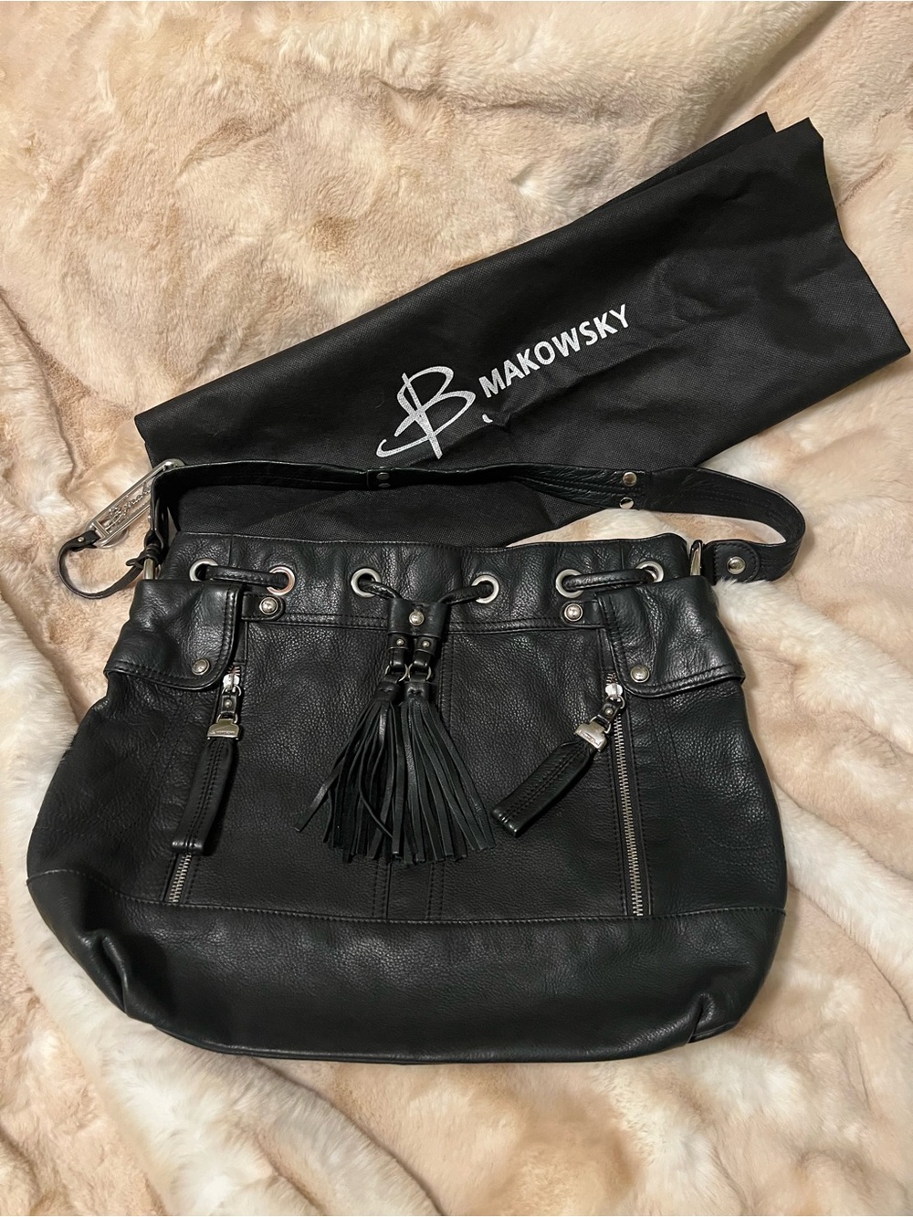 b. makowsky Black Leather Tassel Shoulder Bag